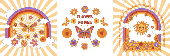 Set of groovy hippie 70s posters. Funny cartoon  butterfly, rainbow, daisies, sun etc. Vector greeting cards in a trendy retro psychedelic cartoon style. Vector background. Stay groovy. Flower power