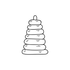 Wooden round pyramid of blocks doodle illustration in vector. Wooden pyramid stacking rings toy doodle icon. 