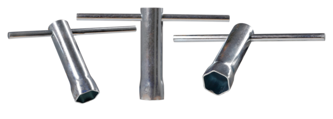 Metal socket wrench for unscrewing spark plugs in an internal combustion engine. Isolated background.