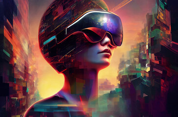 New reality, stylized image of a person wearing virtual reality glasses. Metaverse.generative AI	
