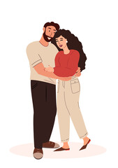 Happy Young Romantic Couple together.Wife,Husband hug each other.Supporting,Warm,loving relationships.Family people trust,help to each other.True Love.Smiling Woman and Man.Flat vector illustration