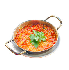 'menemen' Turkish breakfast, scrambled eggs, isolated on white background, clipping path, top view.