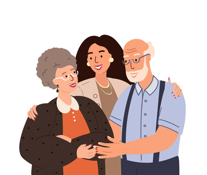 Portrait of happy family support and hug each other.Adult woman embracing mature parents or grandparents isolated on white background.Parents with child feeling love.Vector illustration in flat style.