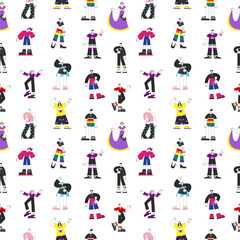 Pride LGBT people seamless pattern. Lesbian, gay, transgender, bisexual, non-binary, asexual person. Genderqueer and queer equality, awareness, visibility vector background with flag colors.