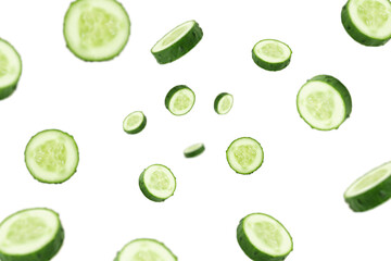 Falling cucumber slice isolated on white background, selective focus