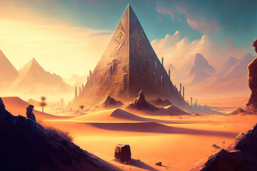 Desert with the mysterious pyramids of ancient Egypt.  Fantasy desert oasis landscape. unique pyramids. illustration art. Digital painting. Generative AI.