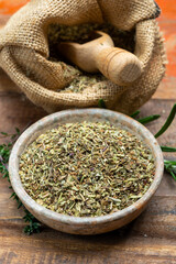 Herbes de Provence, mixture of dried herbs typical of the Provence region, blends often contain savory, marjoram, rosemary, thyme, oregano, lavender leaves, used with grilled foods and stew