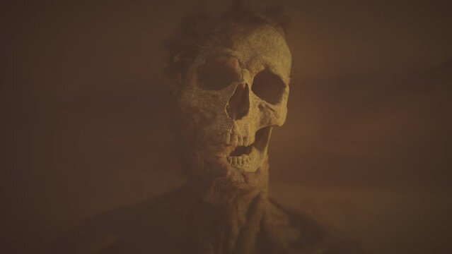 End o humanity. Zombie skull or an old corpse in a sandstorm lighting. Photorealistic, cinematic timelapse 3D animation.