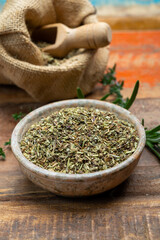 Herbes de Provence, mixture of dried herbs typical of the Provence region, blends often contain savory, marjoram, rosemary, thyme, oregano, lavender leaves, used with grilled foods and stew
