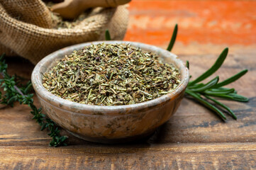 Herbes de Provence, mixture of dried herbs typical of the Provence region, blends often contain savory, marjoram, rosemary, thyme, oregano, lavender leaves, used with grilled foods and stew