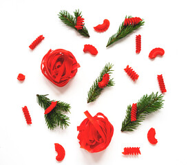 Alternative pasta from lupini beans on white background. Christmas decor. Atmospheric mood of the Year 2023. Close-up