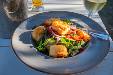 Healthy vegetarian Mediterranean food, Grilled Halloumi cheese Salad with green lettuce, onion and cucumber