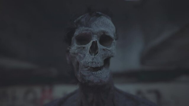  Zombie skull and corpse in the evening twilight with concrete walls in the background. Photorealistic cinematic 3D animation.