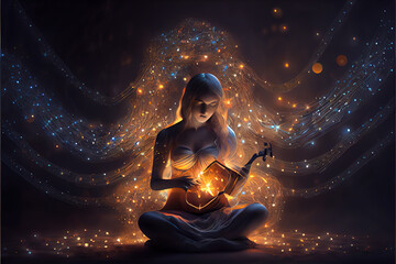 Ethereal woman in deep meditation, enveloped by vibrant sound healing waves. Mystical portrayal of serenity and inner harmony. Ideal for spiritual themes. generative ai  