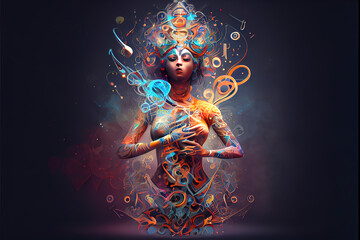 Abstract art of a meditative figure with a serene expression, enveloped by swirling patterns and ethereal musical symbols, capturing the essence of yoga and meditation. generative ai 