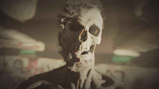 End o humanity. Zombie skull or human corpse lit by a setting sun. Photorealistic, cinematic 3D animation.