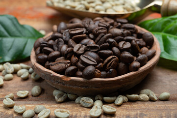 Green and roasted coffee beans from South America coffee producing region, from Colombia and Brazil with mountain ranges and climate ideal for coffee growing