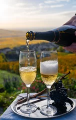 Rolgordijnen Tasting of premier cru sparkling white wine with bubbles champagne on outdoor terrace with view on colorful vineyards in Hautvillers in October, near Epernay, France © barmalini