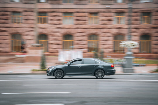 Ukraine, Kyiv - 2 August 2021: Black Volkswagen Jetta car moving on the street. Editorial