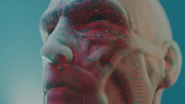 Android or cyborg with translucent skin and visible circuits. 3D cinematic sci-fi animation. Metaphor of artificial intelligence.