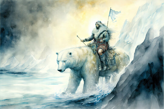 Digital Watercolour Illustration Of A Tribal Alaskan Shaman Riding On A Giant White Bear Through The Arctic. Fantasy Concept Art Featuring A Large White Bear With Person On. Generative Ai