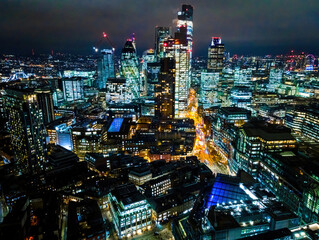 Aerial view of London city in the night, UK