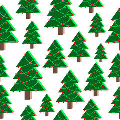 Vector hand drawn Christmas trees with stars. Seamless pattern. Happy New Year. Wrapping paper, textile, print, fabric. White background. Garlands. Christmas toys.