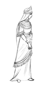 Pencil drawing. Oriental queen in elegant clothes