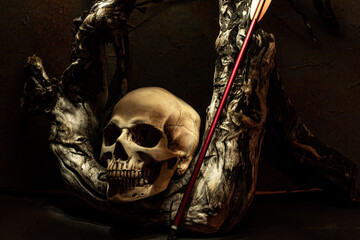 Human skull and old wooden branch. Skull and arrow. Still life in a low key with a skull....