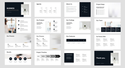 Fototapeta na wymiar Clean, Minimalist Business and Pitch Presentation Template with Infographics: 16 PowerPoint Sized Slide Layouts with photos, columns, phone mockups, highlights, bullets, milestones, teams, and more