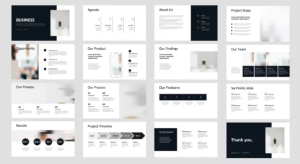 Fotobehang Clean, Minimalist Business and Pitch Presentation Template with Infographics: 16 PowerPoint Sized Slide Layouts with photos, columns, phone mockups, highlights, bullets, milestones, teams, and more © Linia Lab