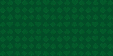 Green background with card suits. Spades, hearts, diamonds, clubs. Background for gambling, casino advertising, blackjack. vector illustration.