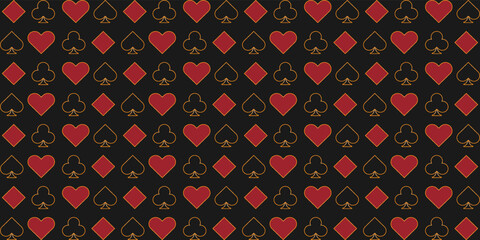Black background with card suits. black and red with gold trim. Spades, hearts, diamonds, clubs. Background for gambling, casino advertising, blackjack. vector illustration.