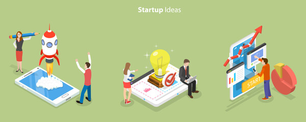 Obraz na płótnie Canvas 3D Isometric Flat Vector Conceptual Illustration of Startup Ideas, Creative Ideas and Brainstorm