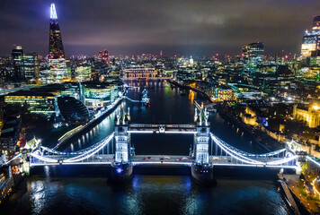 Fototapeta premium Aerial view of Tower bridge in the night during Christmas time