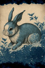 traditional illustration of a water rabbit for the chinese new year 2023 in eastern asian style