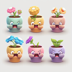 Illustration of an isolated colorful set of funny cute flower icons with faces expressing feelings