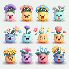 Naklejka premium Illustration of an isolated colorful set of a collection of plants and flowers in pots with expressive faces on white background