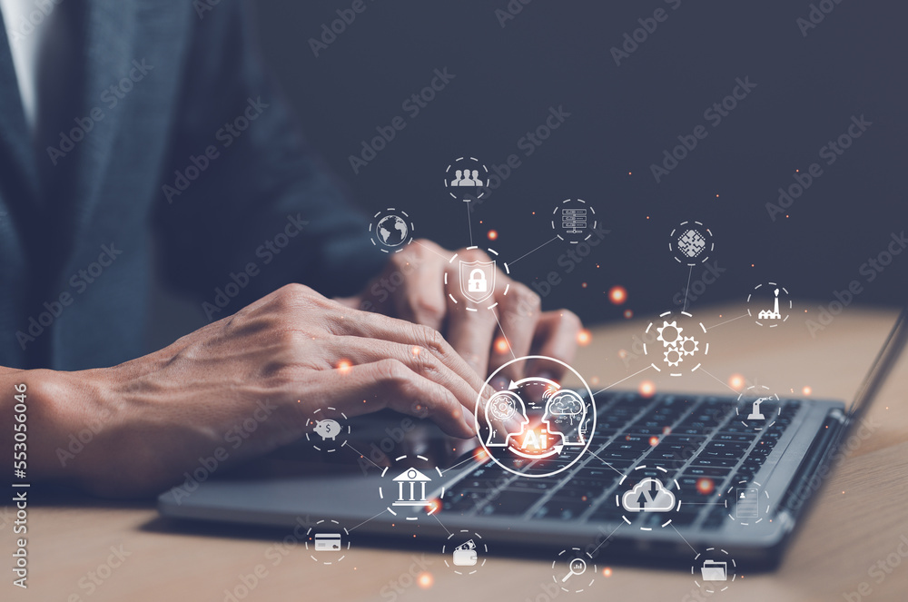 Poster digital transformation change management concept. businessman using a laptop computer. new technolog