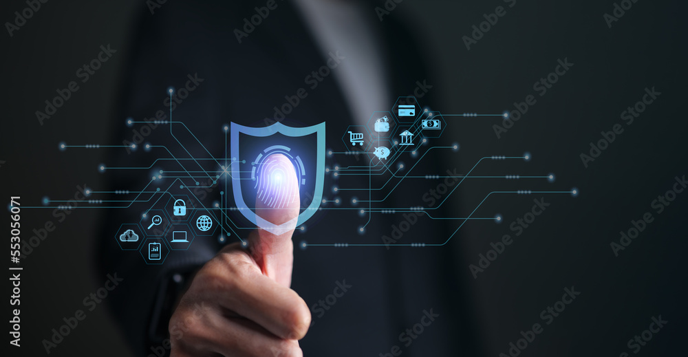 Poster cybersecurity and privacy concept. businessman protecting personal data on fingerprint technology wi