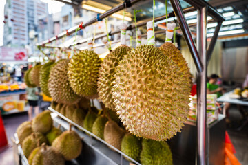 Durian fruit in fruit market in Asia. The durian is the edible fruit of several tree species belonging to the genus Durio	

