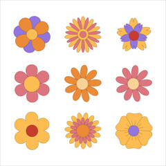 Fototapeta na wymiar Set of groovy hippie 70s flowers. Funny cartoon daisies. Flower power