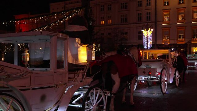 White carriages with horses drawn at night on the street of the city of Krakow with Christmas illumination. Night Krakow on the eve of Christmas and New Year. Authentic traditions of Poland