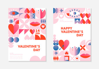 Fototapeta na wymiar Bundle of Valentines Day greeting banners templates.Romantic vector layouts in bauhaus style with geometric elements and symbols.Modern trendy designs for banners,invitations,prints,promo offers.