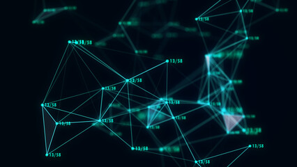 Network or Internet connection technology. Abstract background with hexagons, lines and numbers. Big data visualisation. 3D rendering.