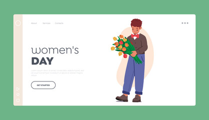 Women Day Landing Page Template. Little Boy Holding Bouquet of Beautiful Flowers. Child Character Wear Festive Clothes