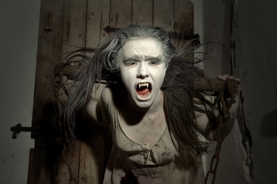 A female Halloween horror figure is dressed in filty rags.
Her face is filled with a rage of anger as she screams at the 
camera.
