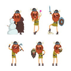 Funny Viking Character as Medieval Warrior in Helmet Engaged in Different Activity Vector Set