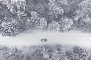Foto op Aluminium A car in a beautiful winter snow-white forest. Topic of motor transport and mobility © Happyphotons