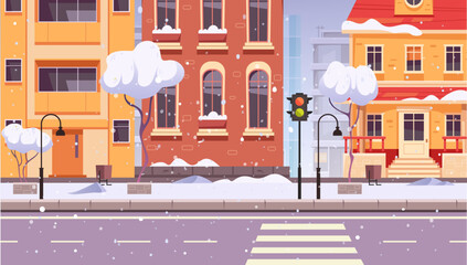 Winter snow city street building snowy urban house. Vector flat graphic design element concept illustration